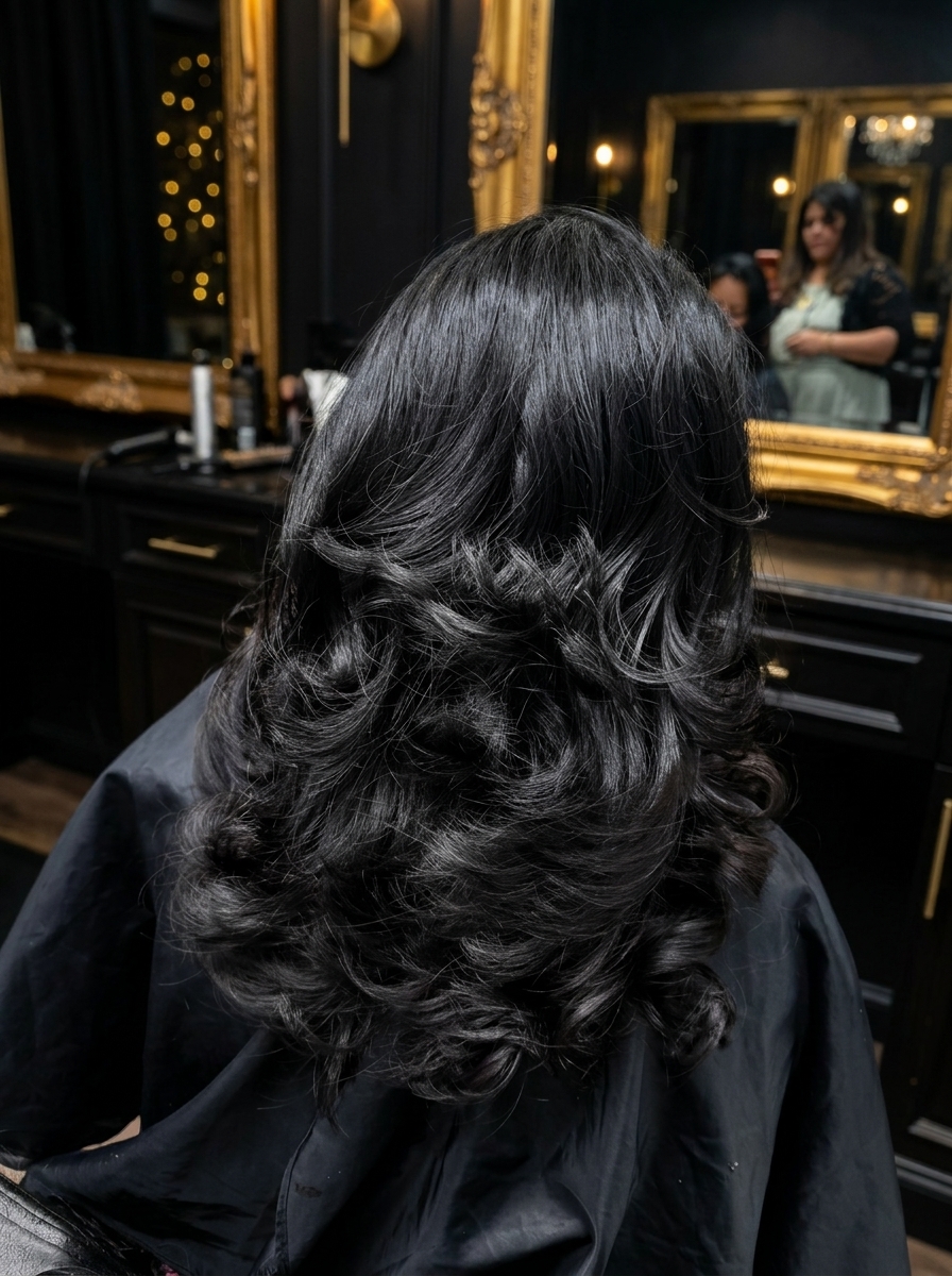 Nesh stylist finishing a glossy layered blowout at the chair
