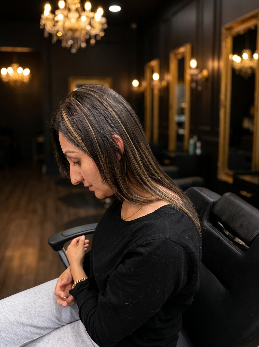 Caramel highlights flowing on long hair